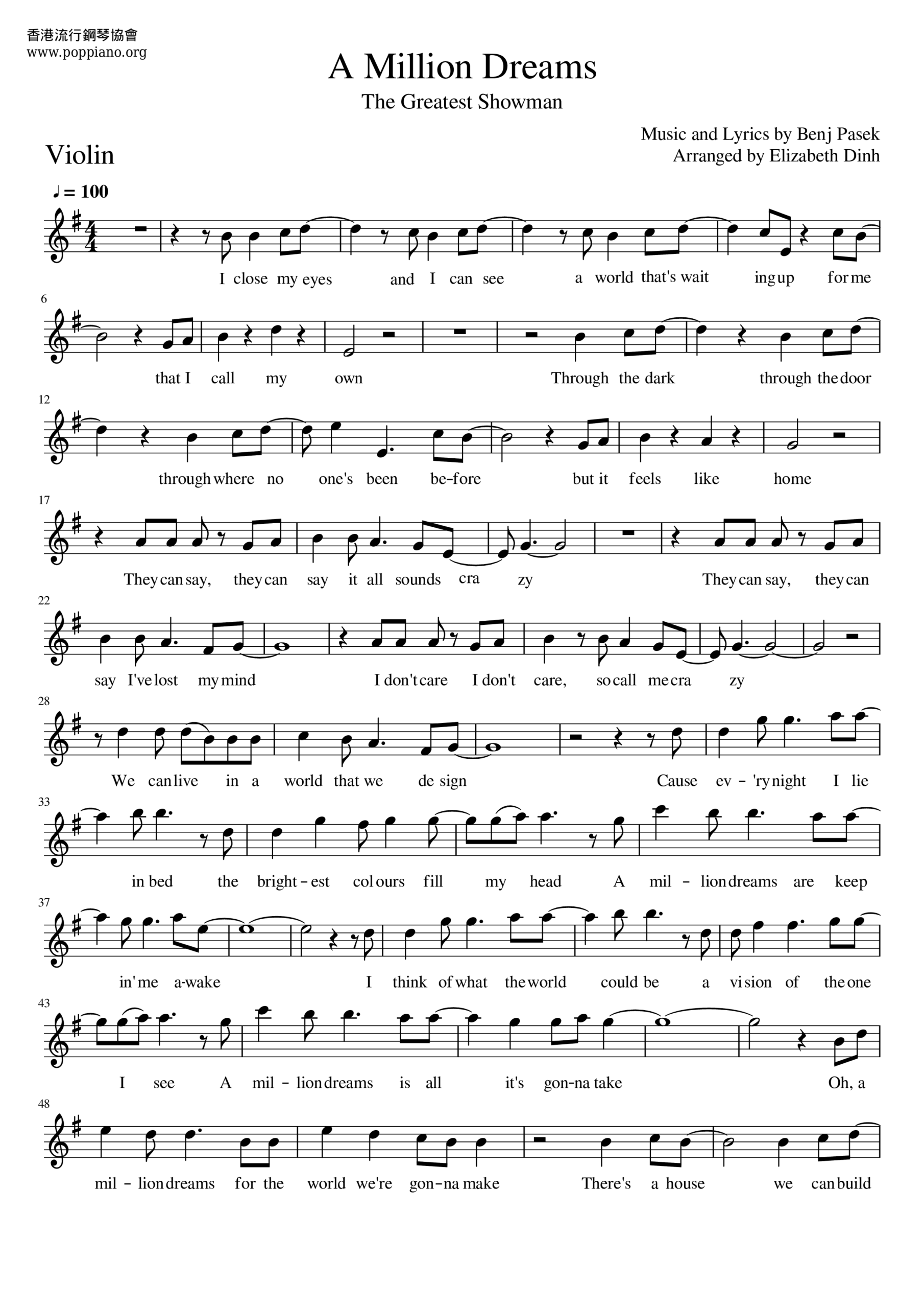 A Million Dreams Sheet Music Piano Score Free PDF Download HK Pop Piano Academy
