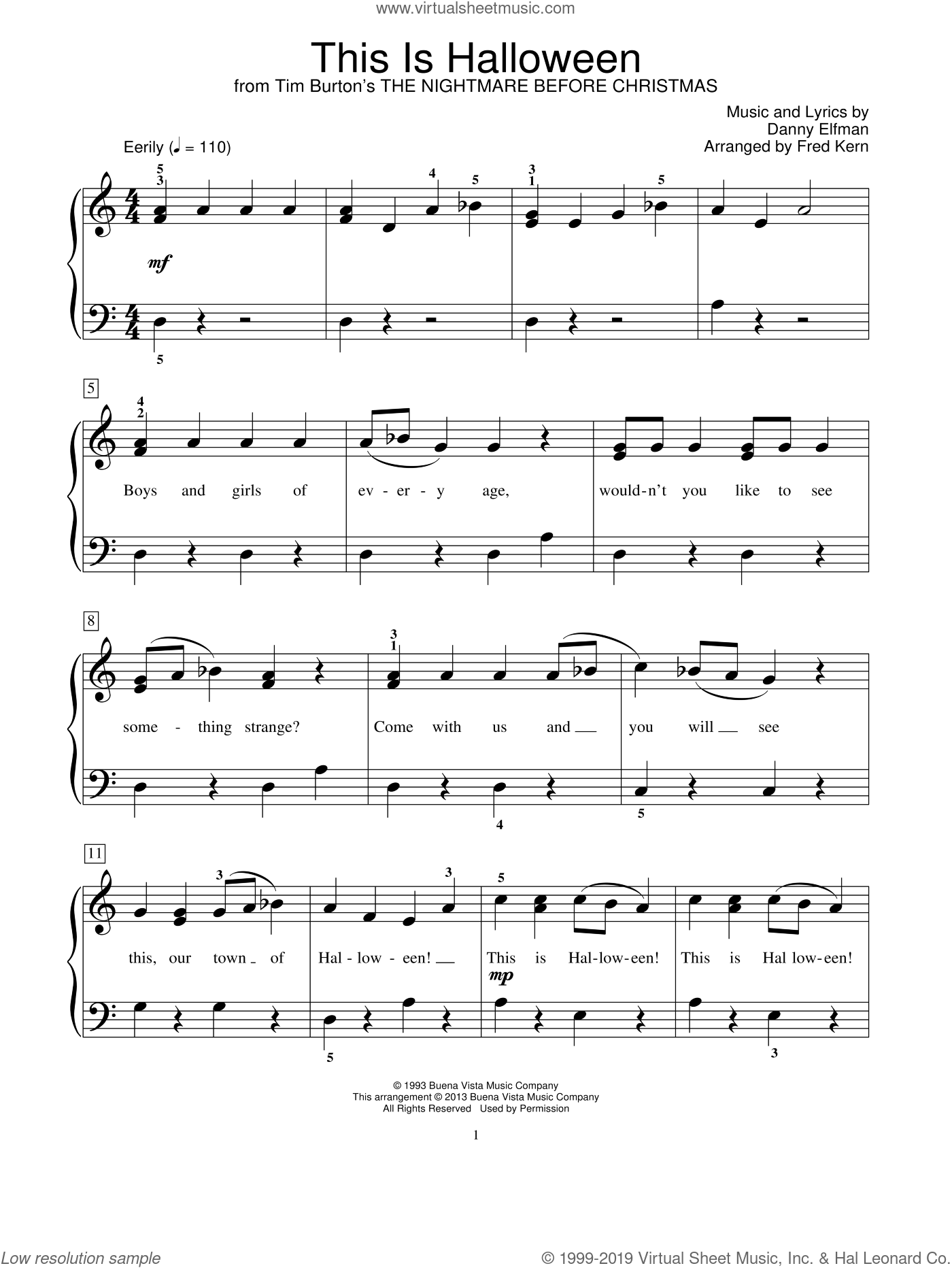This Is Halloween from The Nightmare Before Christmas Sheet Music beginner For Piano Solo elementary